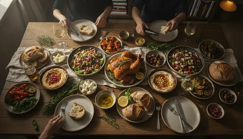 שולחן אוכל משפחתי עם מגוון מנות ביתיות חמות ומזמינות