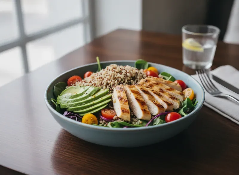 סלט קינואה צבעוני עם רצועות עוף בגריל ואבוקדו