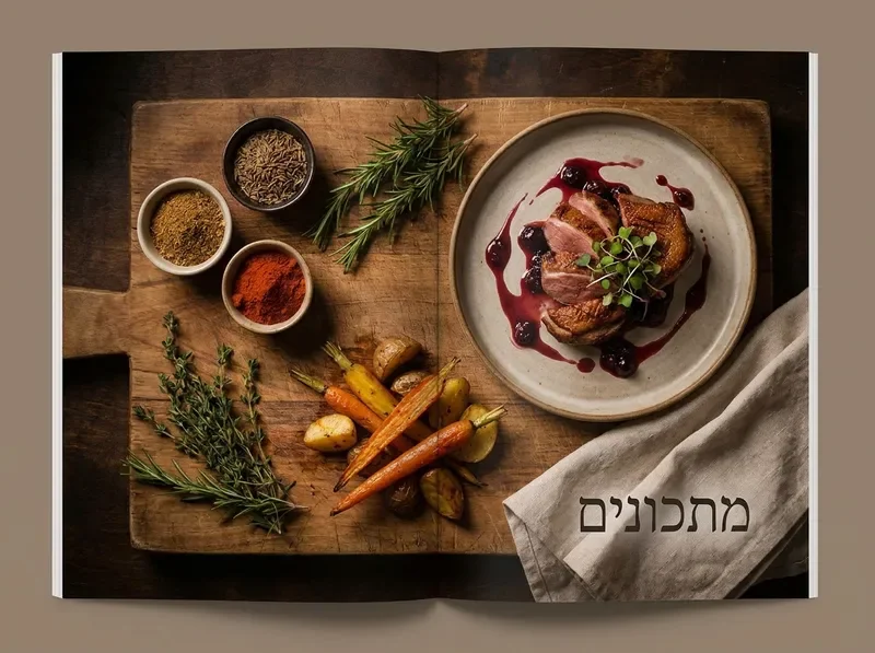 לוח חיתוך עץ עם ירקות קלויים, עשבי תיבול טריים ותבלינים